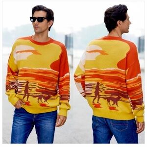 SINAR Men’s Casual Sweater Loose Crew Neck Knitwear Size Large Sunset Horizon